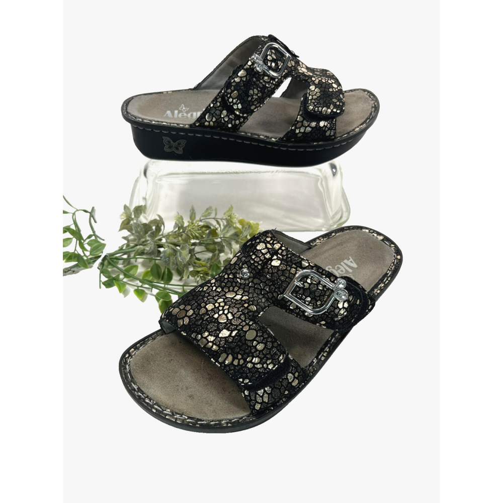 Alegria Sandals Womens 37‎ EU 7-7.5 US Black Gold Slide Shoes Adjustable Slip On